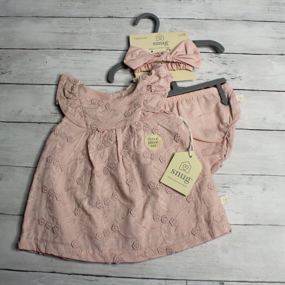 Snug Baby Girl's Embroidered Dress Headband Set Size 3-6 Months Pink